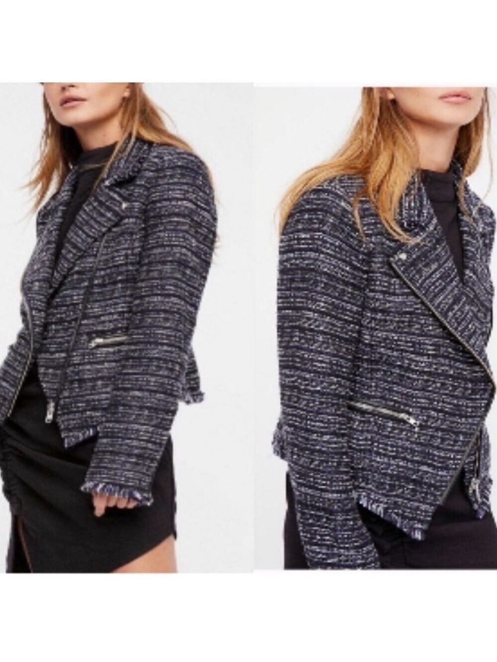 Free People Nicole Tweed Moto Jacket SZ S  Navy Blue White Tweed